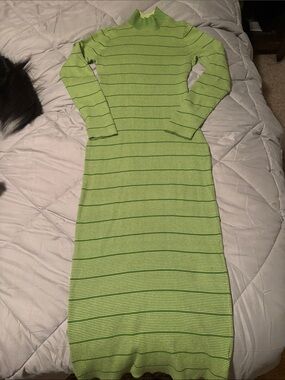 Long Sleeve Lime Green Striped Knit Midi Dress